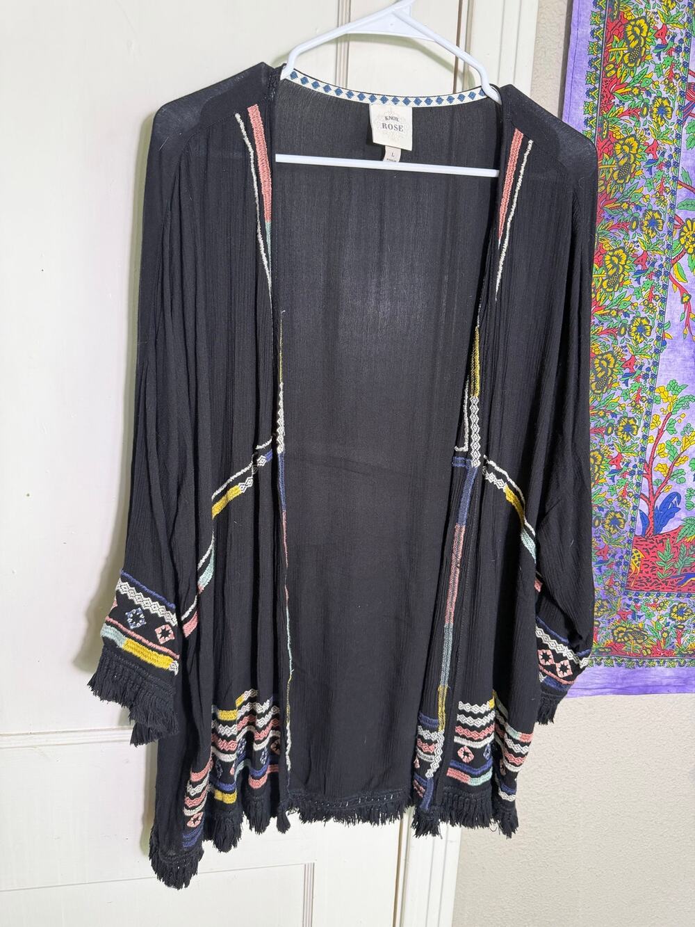 Knox Rose Womens L Black Embroidered Kimono Cardigan Fringe Boho Rayon
